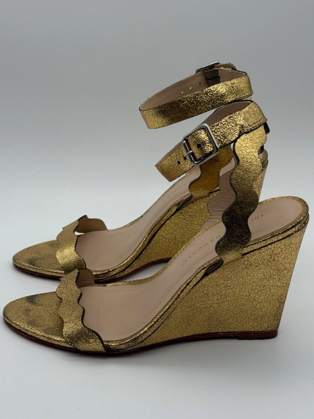 Loeffler Randall Piper Gold Metallic Scalloped Leather Wedge Sandals Size 8